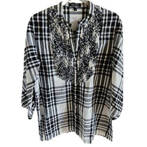 Paper White Women Linen Blend Tunic Blouse Sz 14 Plaid Tuxedo Ruffle Button up